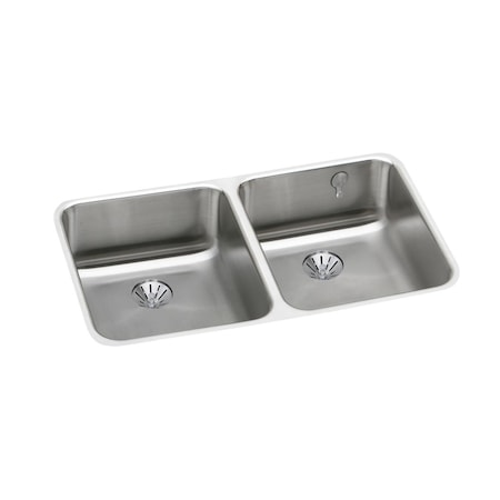 Elkay Lustertone Stainless Steel 30-3/4 X 18-1/2 X 7-7/8 Equal Double Bowl Undermount Sink W/Perfect Drain ELUH3118PDK